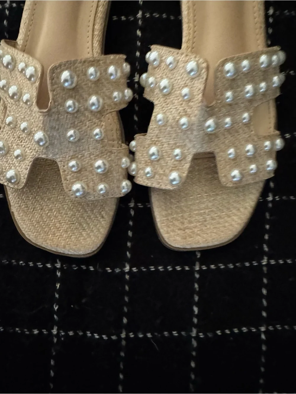 Madden Girl Tan Woven Slide Sandals with Pearl Studs